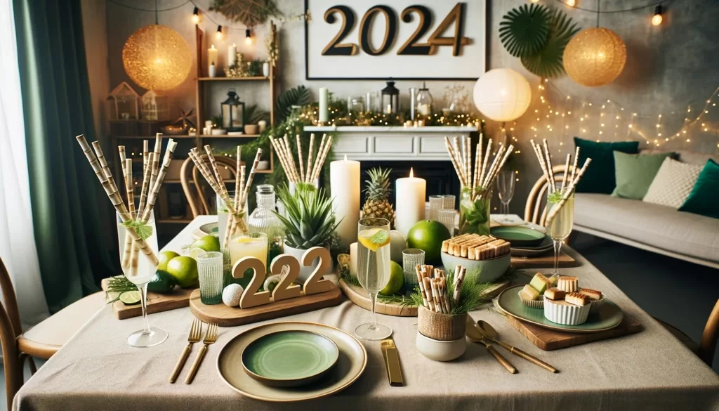 Festive table setting for New Year 2024 celebration.