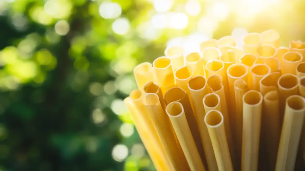 A detailed close-up of a compostable straw made from natural materials, showcasing its biodegradable texture illuminated by soft natural sunlight.