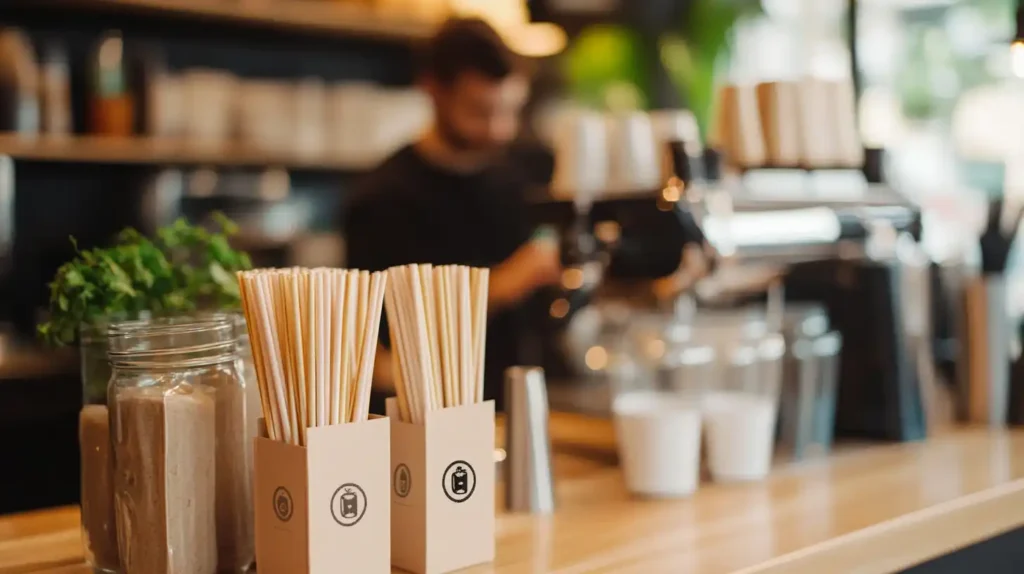 Custom-branded long straws with eco-friendly logos on a café counter