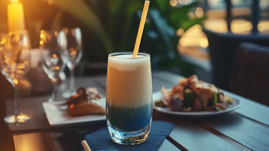 A smoothie glass with a durable long straw, placed on a café table