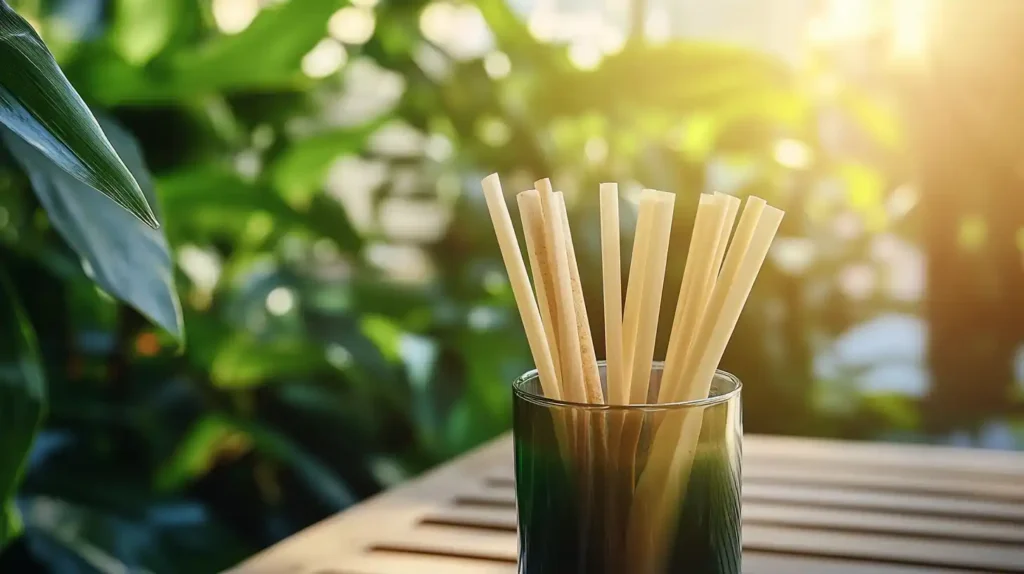 Close-up of sugarcane and coffee grounds long straws on a wooden table