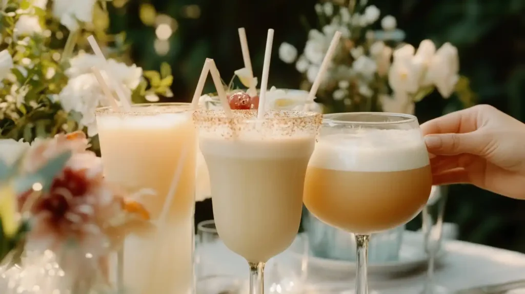 Eco-friendly straws in a variety of beverages at an elegant outdoor event.