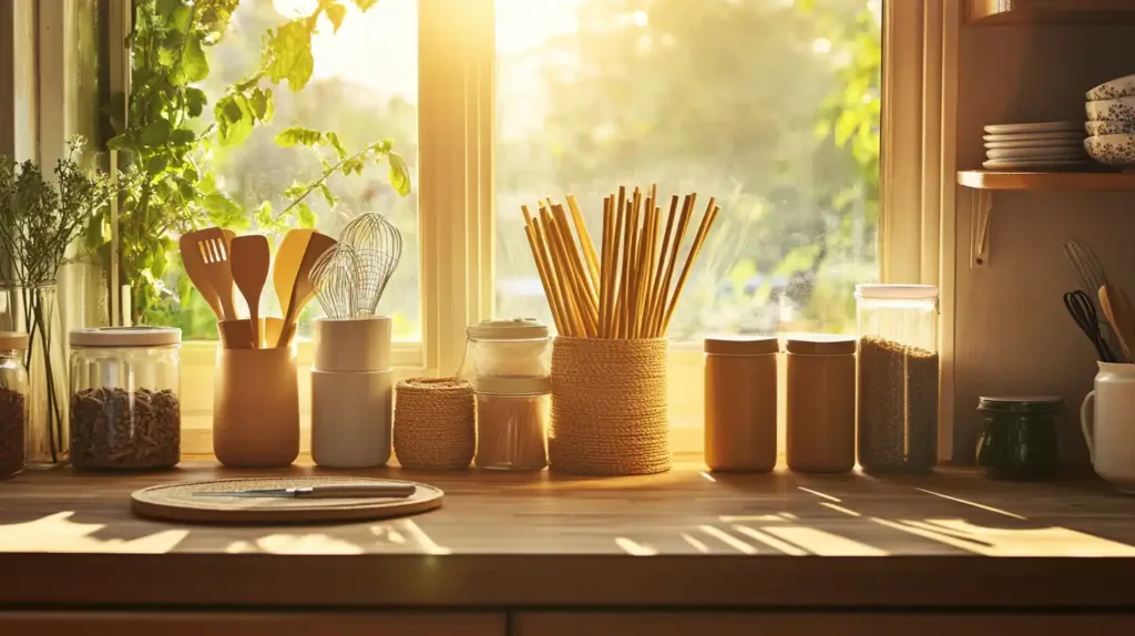 A cozy kitchen scene featuring compostable straws and eco-friendly products, captured during golden hour light to emphasize a sustainable lifestyle.