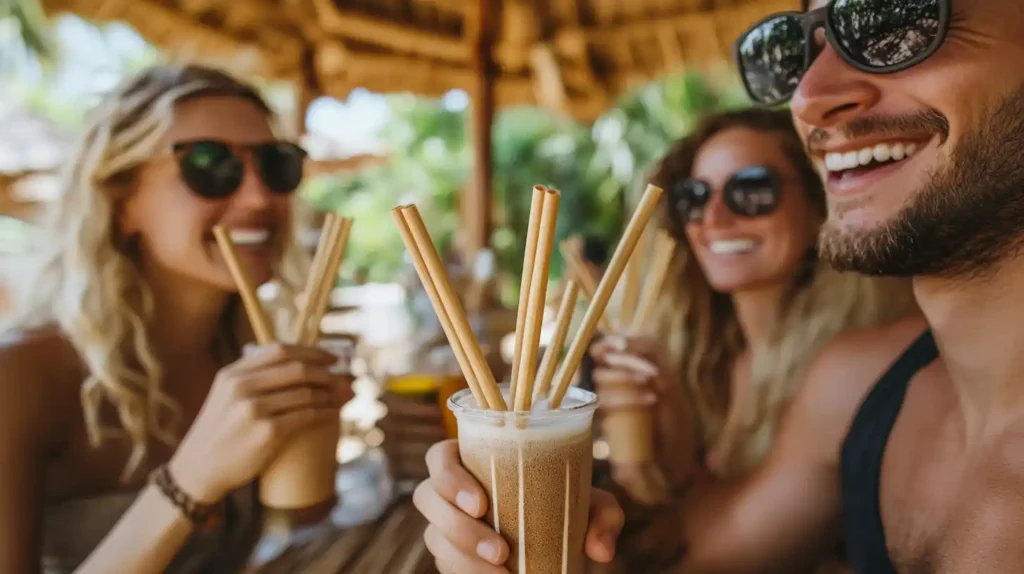 A lively café scene showing people using bamboo straws with drinks like smoothies and iced coffee, promoting sustainable living.