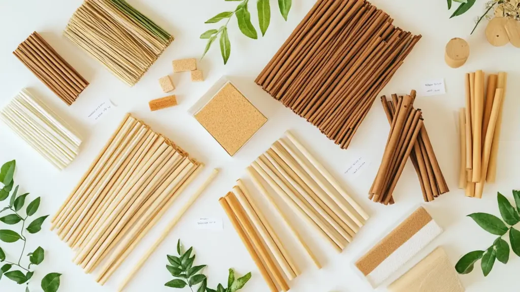 Various types of compostable straws including sugarcane, bamboo, and cornstarch straw