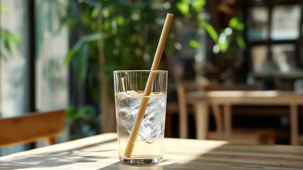 Compostable straw in use with iced tea at a cafe