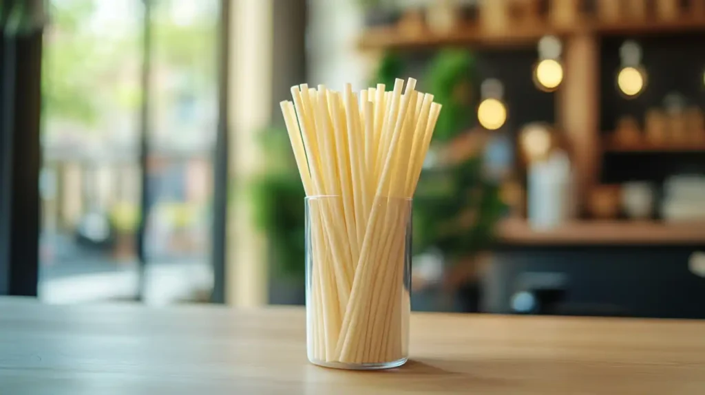 Flexible cornstarch compostable straws in a cup of cold drink