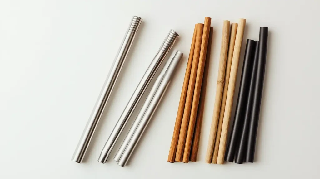 Long straws made of stainless steel, silicone, and bamboo for bubble tea