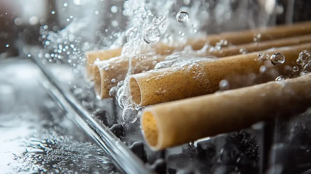 Testing sugarcane and coffee ground straws for dishwasher durability.