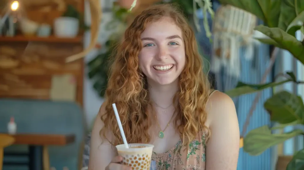 Person enjoying a smoothie with a long straw in a tropical setting