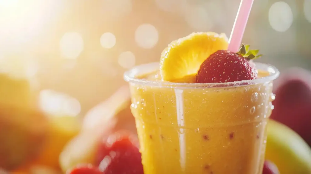 Close-up shot of a long straw in a smoothie, showing the detail