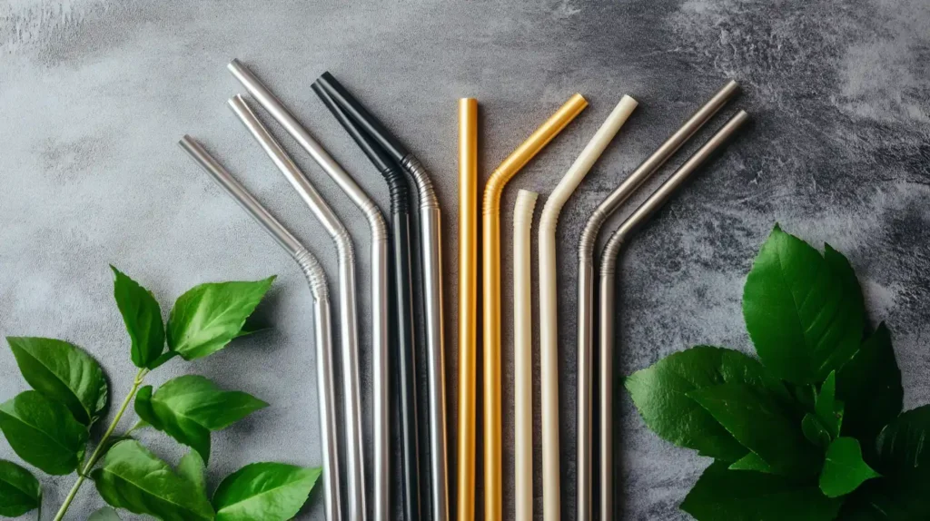 A variety of reusable straws made from stainless steel, bamboo, silicone, and glass