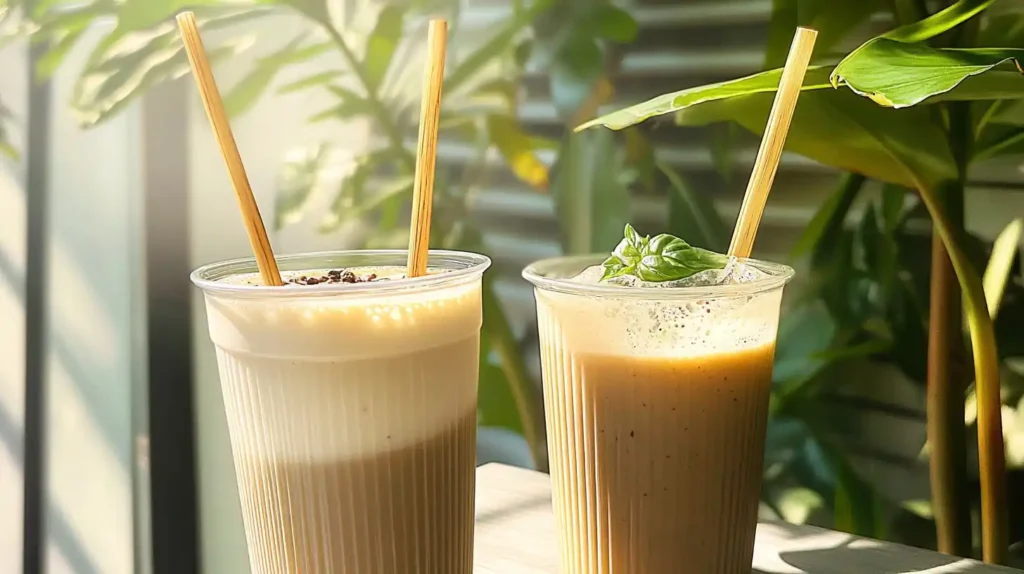 Eco-friendly sugarcane and coffee ground straws in a smoothie cup