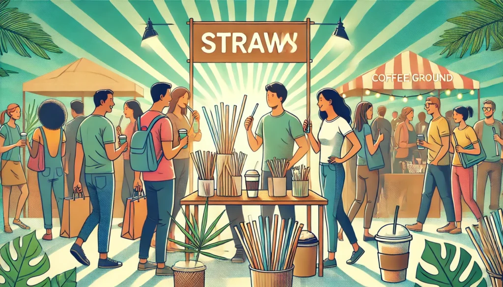 An engaging illustration showing a busy trade show where eco-friendly straw suppliers are showcasing products like sugarcane and coffee ground straws.