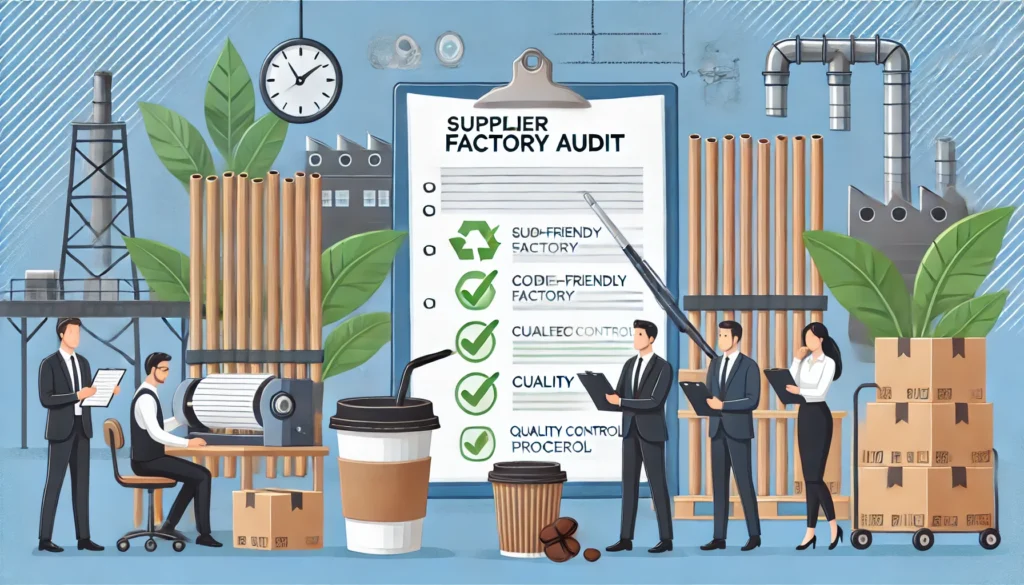 A professional illustration of a supplier factory audit, where business representatives are inspecting the production process of eco-friendly straws made from sugarcane and coffee grounds