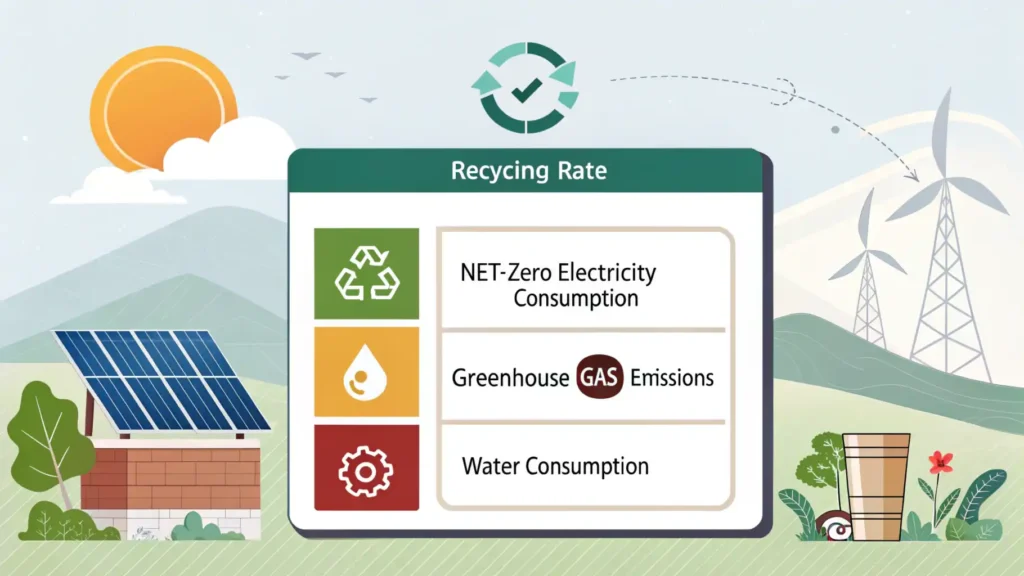 Chart displaying various Key Performance Indicators for sustainable supply chains, such as Recycling Rate, Net-Zero Electricity Consumption, Greenhouse Gas Emissions, and Water Consumption, each represented with distinct colors and simple icons.