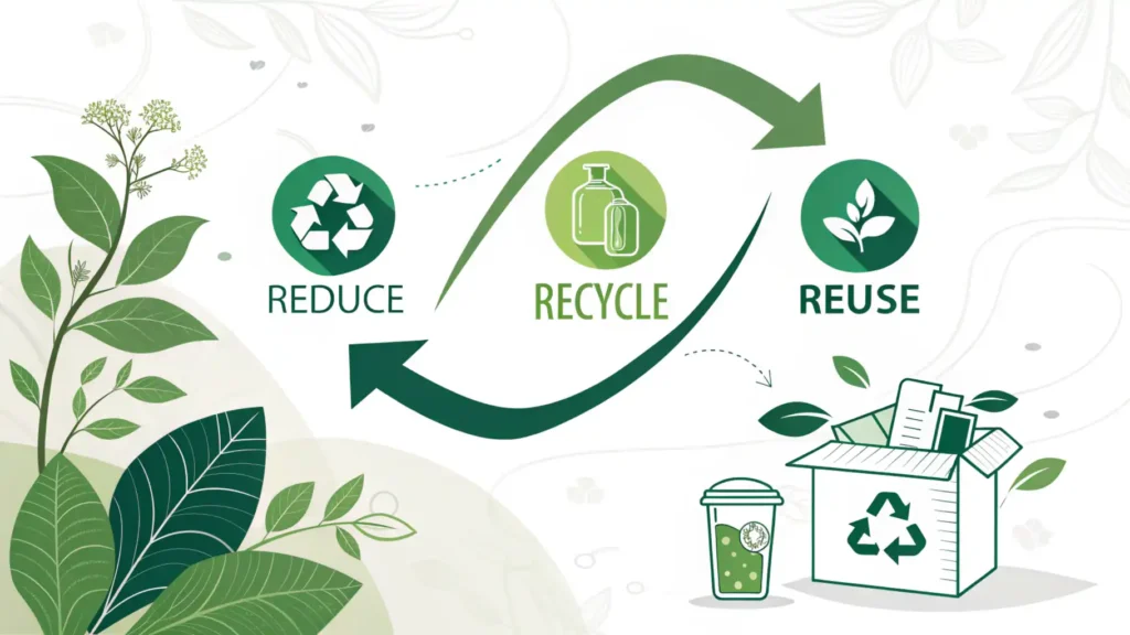 Illustrative graphic highlighting the key principles of green logistics: Reduce, Recycle, and Reuse, featuring symbols like a recycling arrow, a leaf, and a reusable container, set against a clean and modern green-toned background.