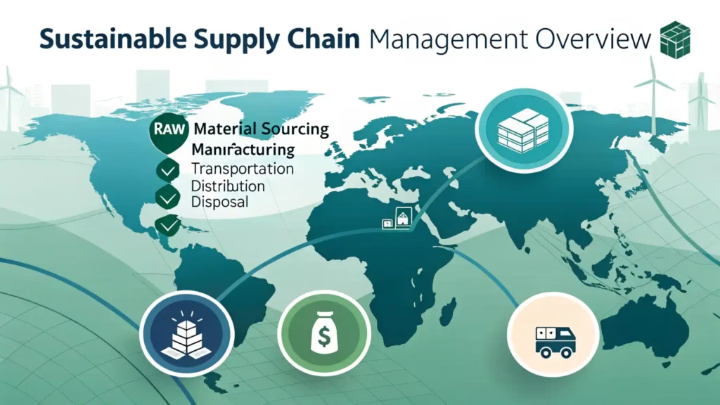 Infographic providing an overview of sustainable supply chain management, including raw material sourcing, manufacturing, transportation, distribution, and disposal, using green and blue color schemes with relevant icons and arrows illustrating the flow