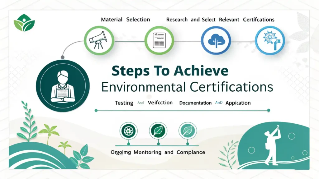 Infographic outlining the step-by-step process to achieve environmental certifications for eco-friendly straws, including material selection, certification research, testing, documentation, and ongoing compliance.