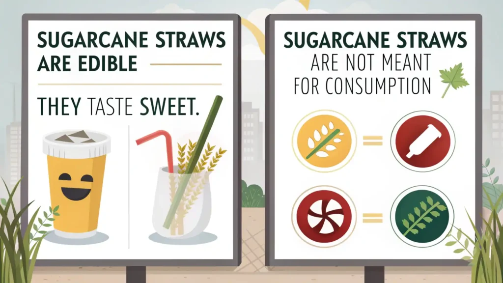 Split-screen infographic addressing common misconceptions about sugarcane straws, which are light brown and similar to plastic straws, debunking myths with factual information and clear icons.