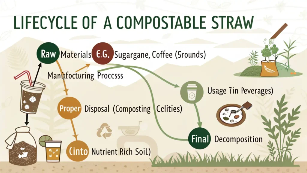 Lifecycle diagram showing the journey of a compostable straw from raw material extraction to manufacturing, usage in beverages, proper disposal in composting facilities, and final decomposition into nutrient-rich soil.