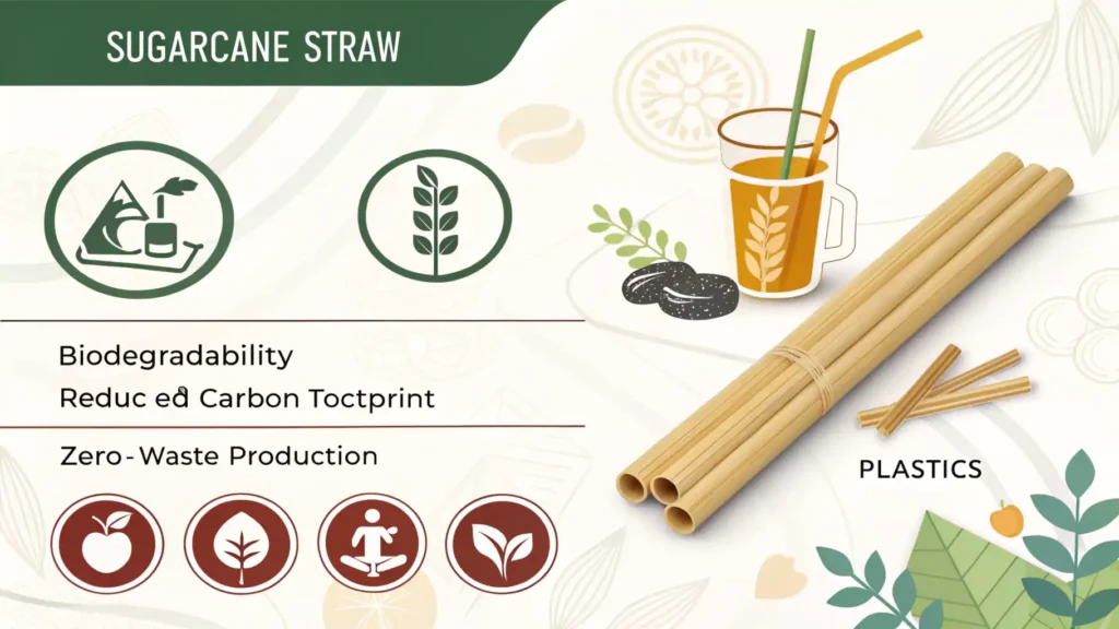 Infographic showcasing the environmental benefits of sugarcane straws, which are light brown and similar to plastic straws, including biodegradability, reduced carbon footprint, zero-waste production, and absence of plastics.