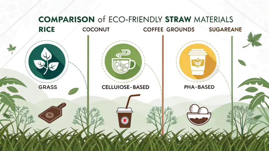 Infographic comparing different eco-friendly straw materials such as rice, coconut, and sugarcane straws, highlighting their sustainability features.