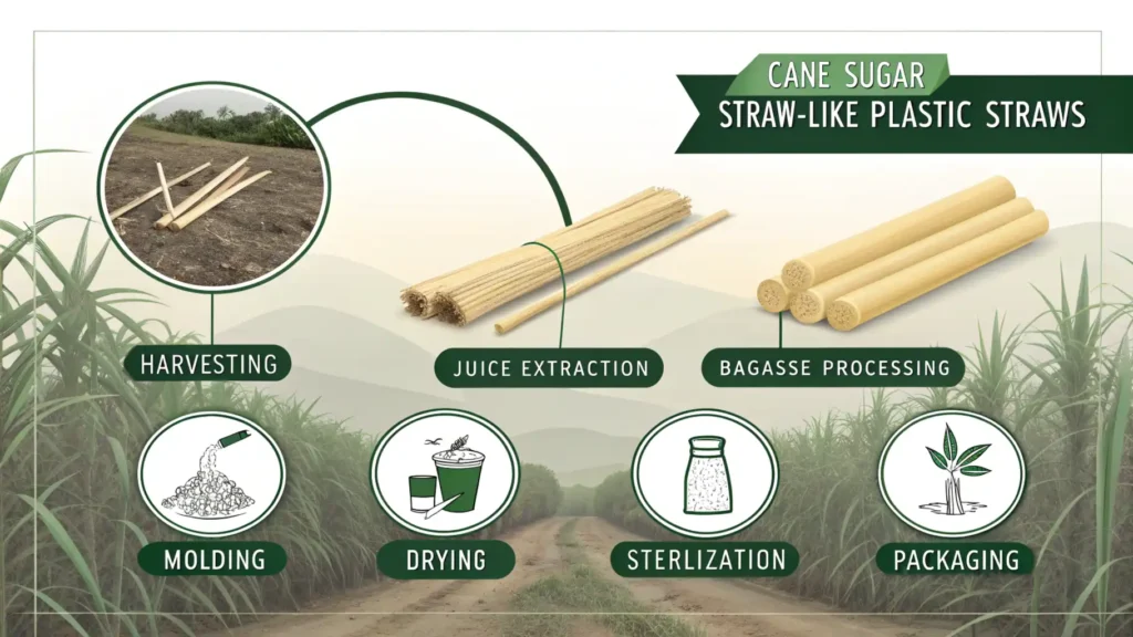 Infographic illustrating the manufacturing process of sugarcane straws, which are light brown and similar to plastic straws, from harvesting sugarcane to final packaging, highlighting each stage with green and earthy colors.