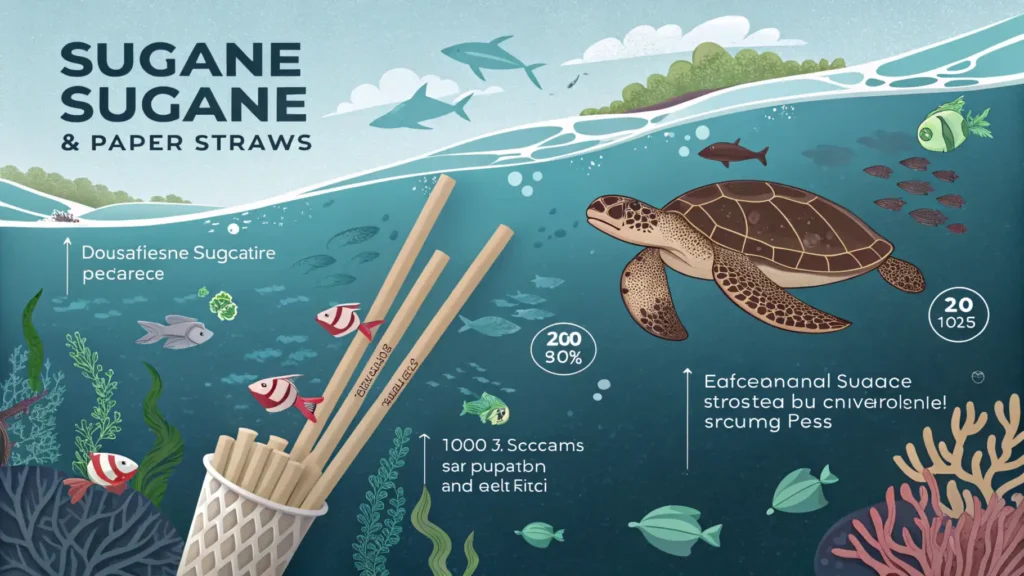 Infographic illustrating the environmental impact of plastic and paper straws, including polluted oceans, affected marine animals, and comparison of decomposition times with sugarcane straws, which are light brown and similar to plastic straws.