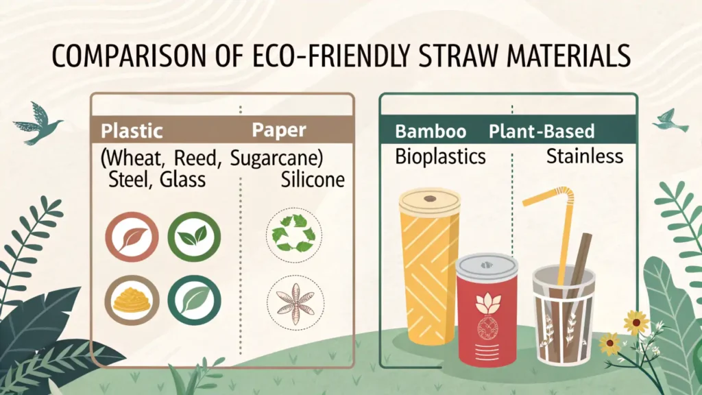 Comparison infographic of different eco-friendly straw materials such as plastic, paper, bamboo, plant-based, bioplastics, stainless steel, glass, and silicone, highlighting their biodegradability, compostability, reusability, and cost.