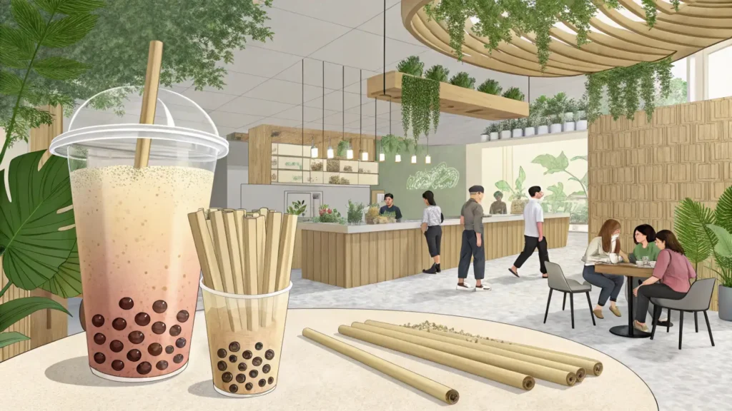 Sugarcane straws, which are light brown and similar to plastic straws, being used in various beverages like smoothies, bubble tea, and cocktails in a modern, eco-friendly cafe setting