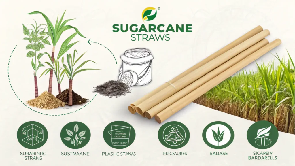 Graphic showcasing sugarcane straws, which are light brown and similar to plastic straws, as a sustainable solution, including sugarcane plants, bagasse processing, and the final eco-friendly straw product.