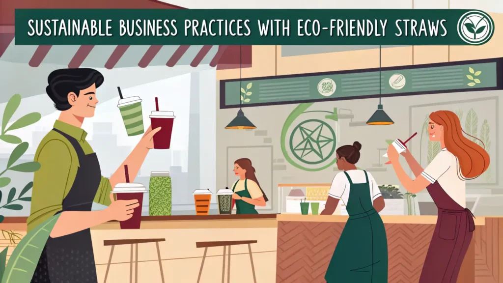 Image depicting sustainable business practices with eco-friendly straws, featuring employees using certified straws, certification logos on packaging, and customers enjoying beverages with environmentally friendly straws in a modern restaurant setting