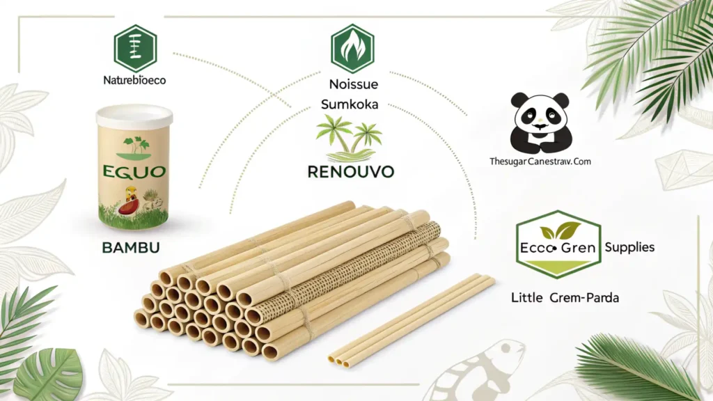 Image showcasing various suppliers and manufacturers where sugarcane straws, which are light brown and similar to plastic straws, can be purchased, including NatureBioEco, noissue, Sumkoka, EQUO, Renouvo, thesugarcanestraw.com, Bambu, Ecoc Green Supplies, and Little Green Panda