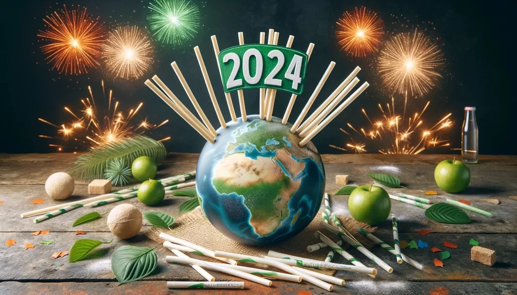 New Year's fireworks with Earth and 2024 decoration.