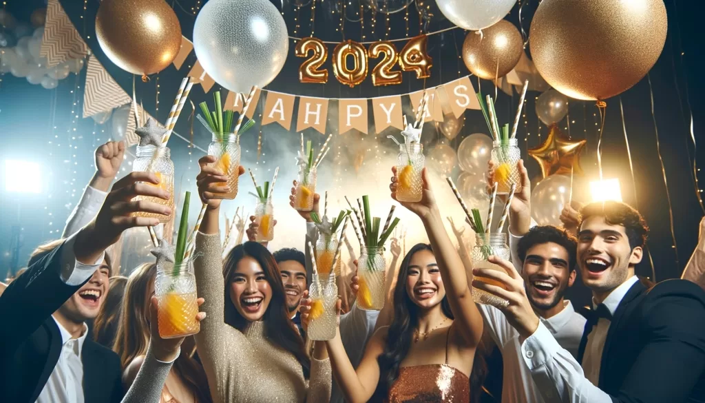 Cheerful people celebrating New Year 2024 with drinks.