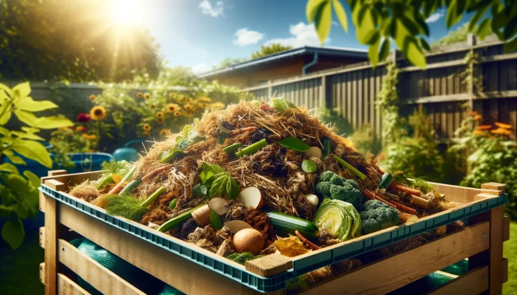 Garden compost pile with vegetables in sunlight