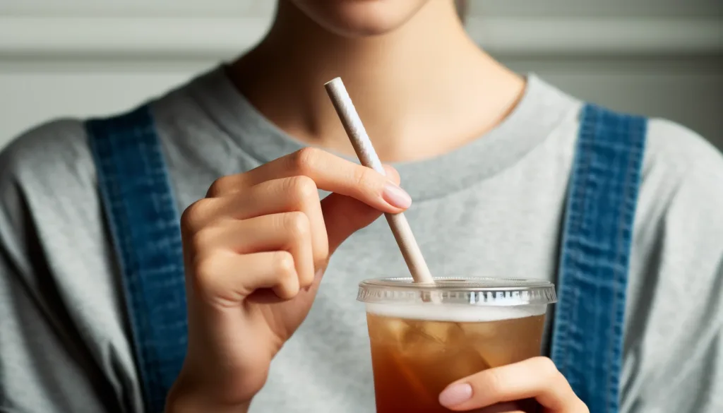 Person using an eco-friendly straw to drink a beverage