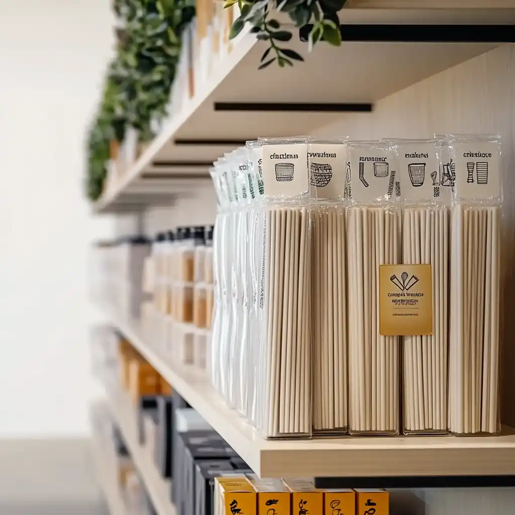 Bulk retail multipack eco-friendly straws neatly stacked on a supermarket shelf.