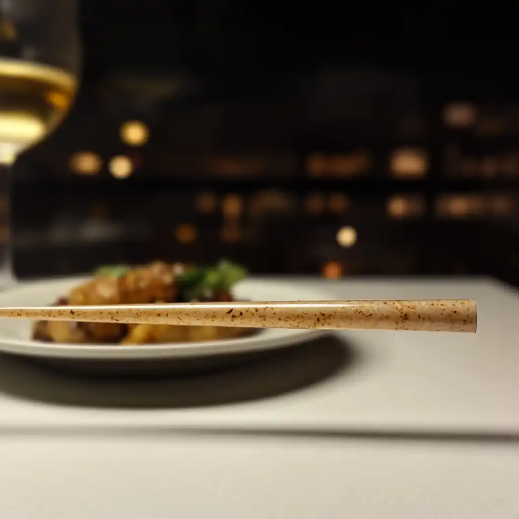 A close-up of an elegant biodegradable straw on a fine dining table with a glass of white wine and plated gourmet food in a dimly lit restaurant.