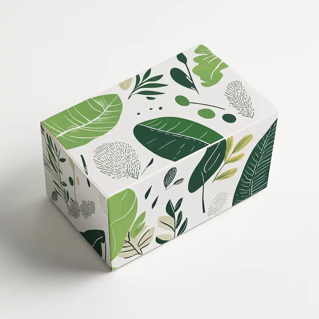 Creative eco-friendly packaging design adorned with green leaf patterns