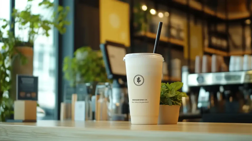 Branded long eco-straw with business logo beside a tall smoothie cup in a modern café