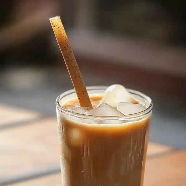 A biodegradable coffee ground straw in a glass of iced coffee with visible ice cubes and a creamy beverage, placed outdoors on a wooden table.