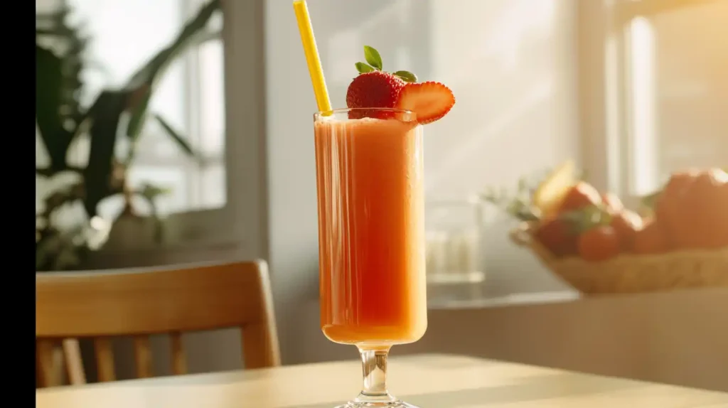Close-up of a thick strawberry smoothie in a tall glass with a long eco-friendly straw