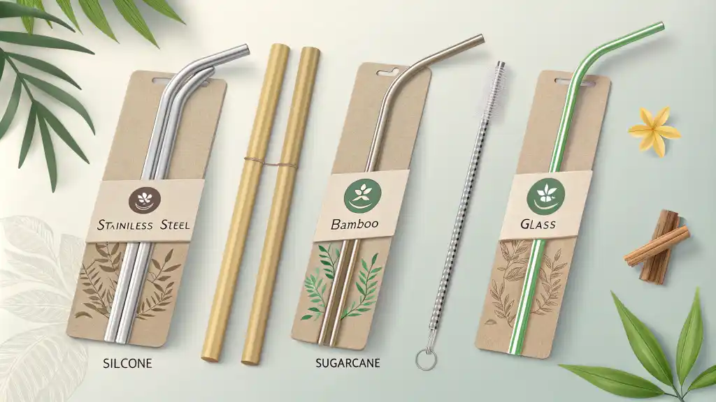 Illustration of various eco-friendly straws - stainless steel, bamboo, glass, silicone, and sugarcane
