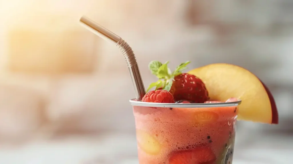 Long stainless steel straw in a smoothie cup with colorful fruits