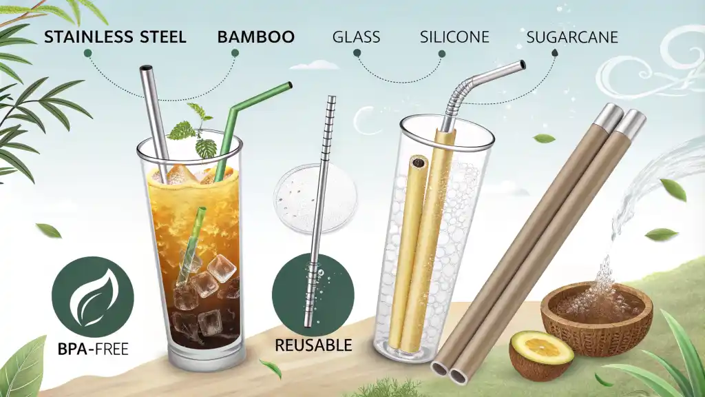 Stainless steel straws in an iced coffee or smoothie