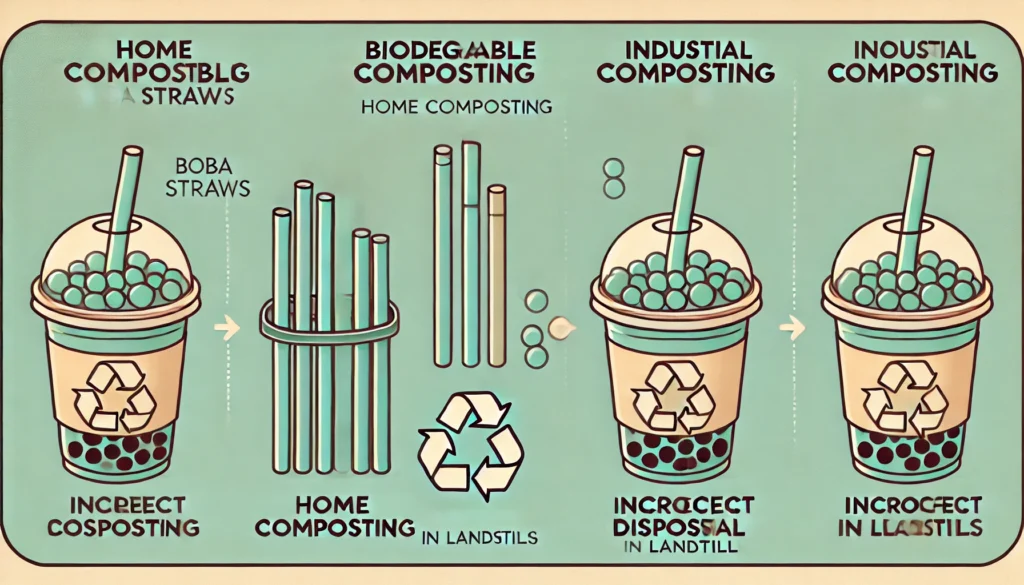 Illustration of an eco-friendly bubble tea shop using biodegradable boba straws, featuring a sustainable design and a sign promoting compostable sugarcane fiber straws.