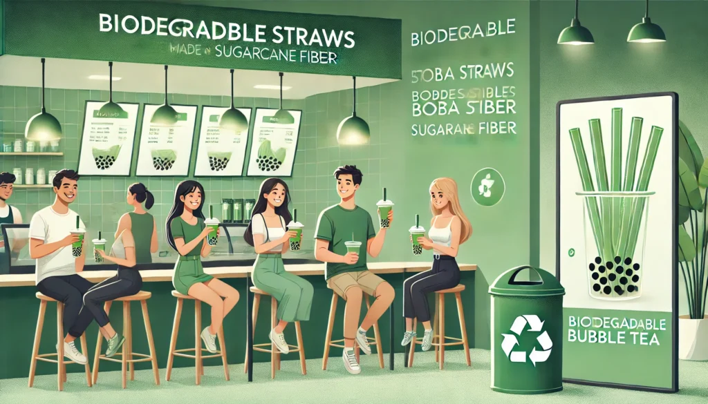 Illustration of a modern bubble tea café promoting biodegradable boba straws made from sugarcane fiber, featuring a sustainability theme and compost bins for proper disposal.
