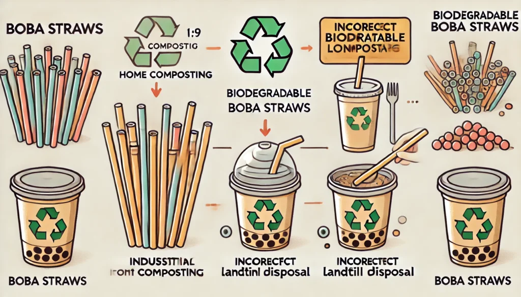 Illustration showing proper disposal methods for biodegradable boba straws, including home composting, industrial composting, and incorrect landfill disposal.